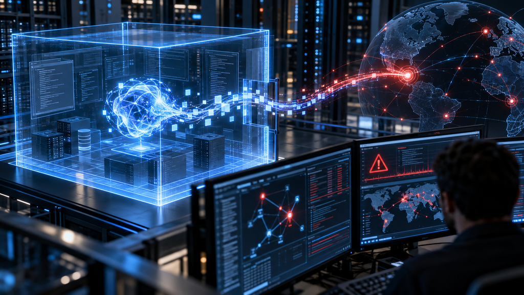 An abstract AI process inside a transparent digital sandbox connects to an external network while monitoring screens display warning indicators.