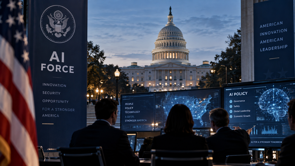 U.S. government officials reviewing AI policy and technology systems with the U.S. Capitol in the background.