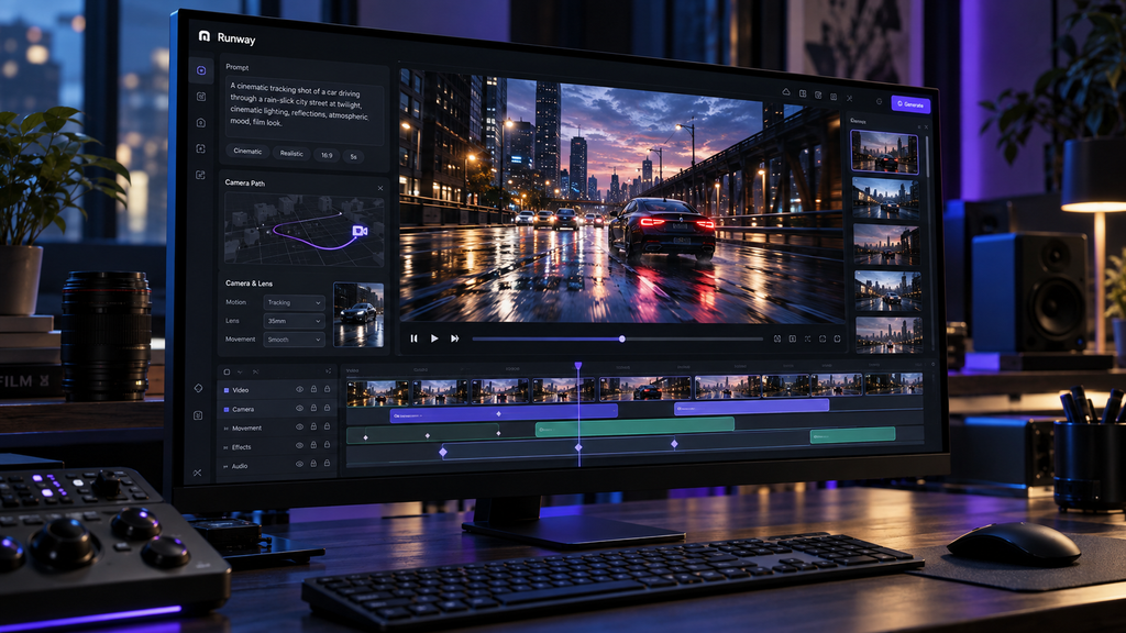Runway-inspired interface displaying a cinematic car scene, text prompt, camera path controls, and layered editing timeline.