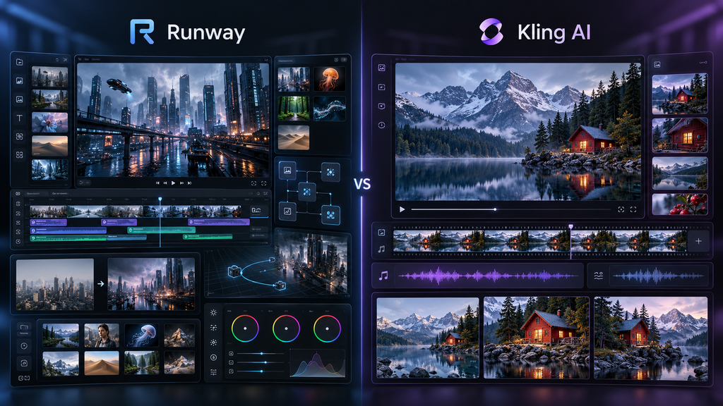 Comparison graphic showing Runway-inspired editing and production tools beside Kling AI-inspired cinematic shots, references, and audio waveforms.