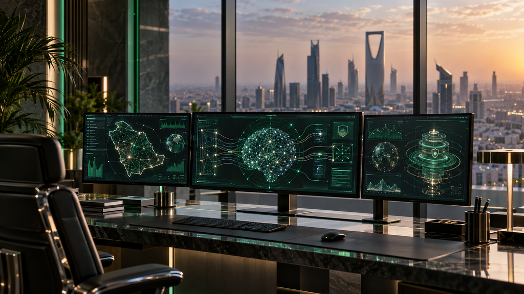 AI risk-monitoring displays in a modern technology office overlooking Riyadh’s skyline.