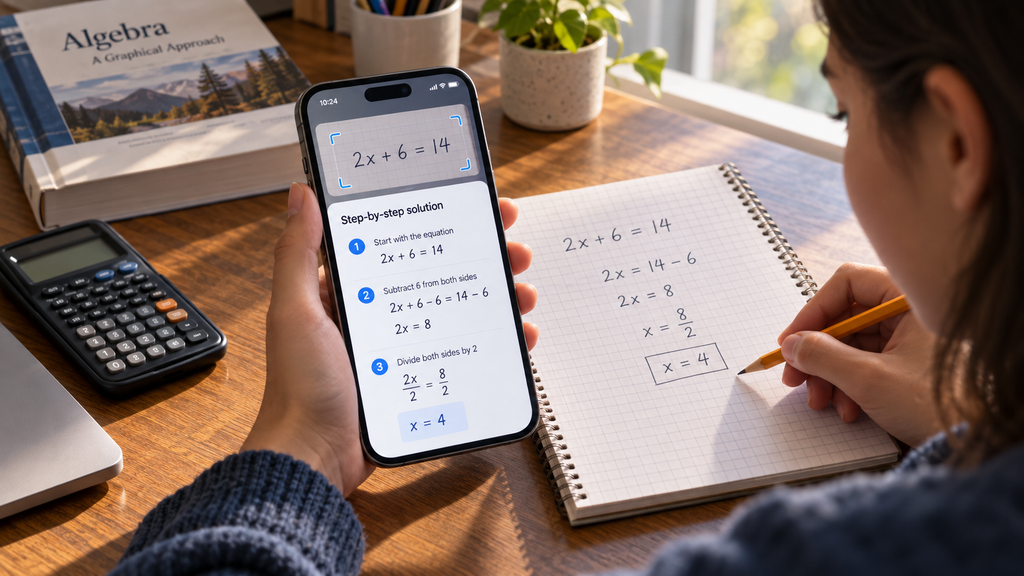 Student scanning a handwritten algebra equation with a phone that displays each solution step