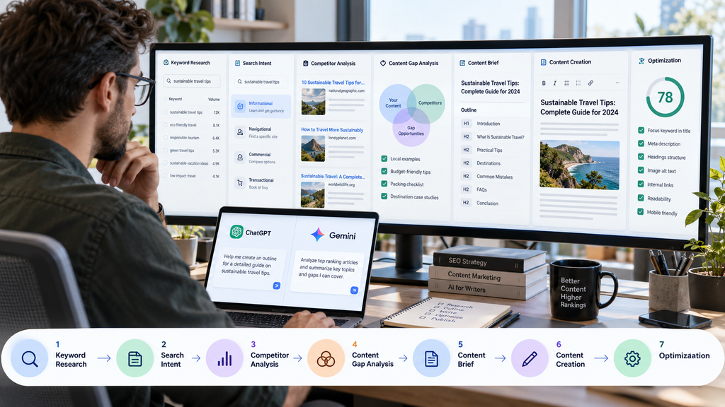 SEO professional working through keyword research, search intent, competitor analysis, content gaps, briefs, creation, and optimization.