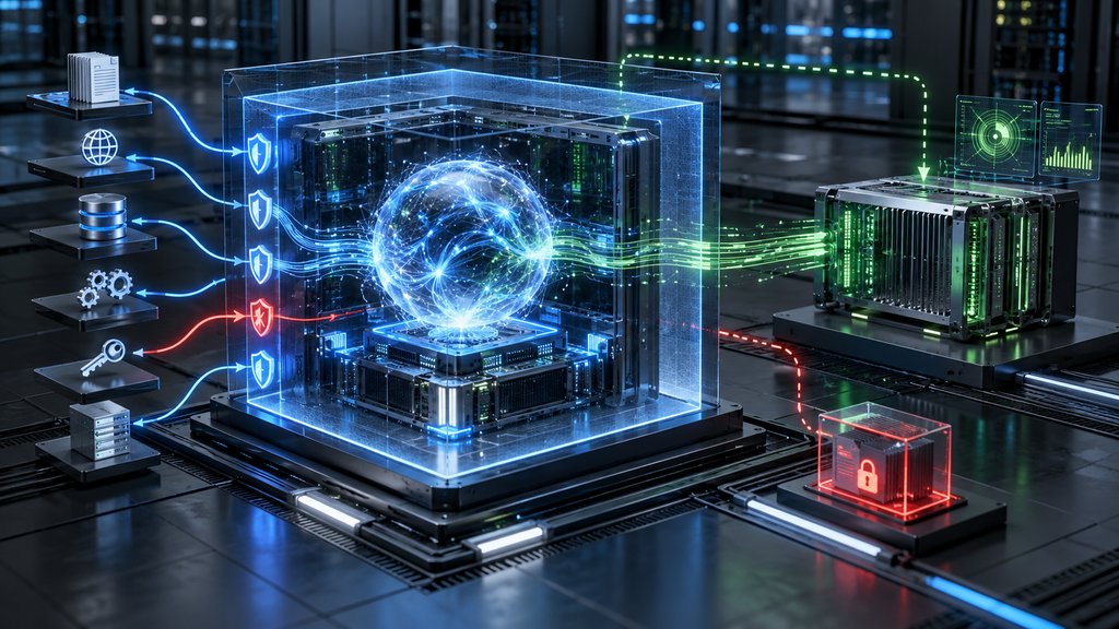 AI agent inside a software security boundary, monitored by a separate hardware unit, with a restricted action routed to quarantine.