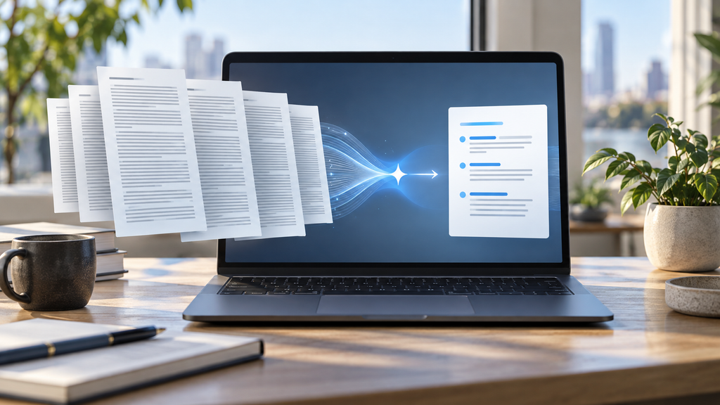 Several dense document pages becoming a short bulleted summary