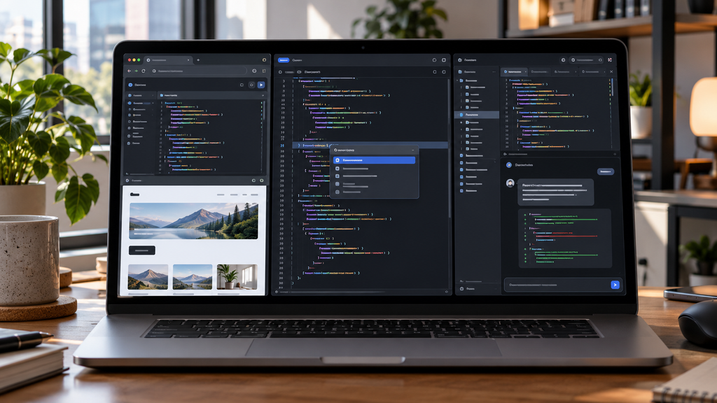 Laptop showing browser-based coding, inline AI code suggestions, and an AI-first editor with project files