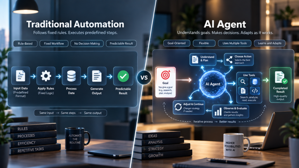 Traditional automation vs AI agent comparison showing a fixed rule-based workflow and a flexible goal-driven AI system that uses tools and adapts its actions.