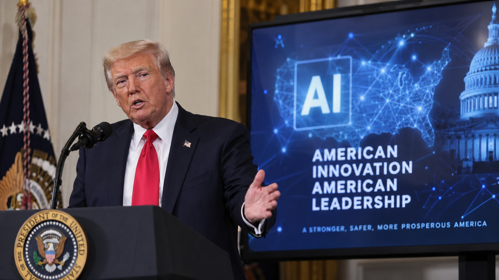 Donald Trump speaking at a White House event with AI technology graphics representing the proposed U.S. AI Force.