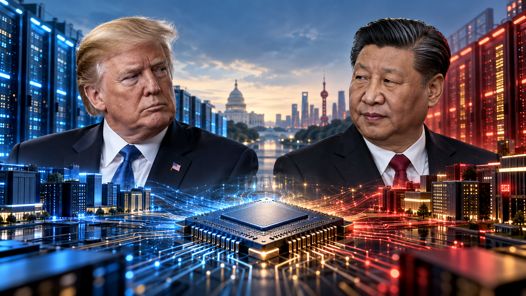 Editorial illustration of Donald Trump and Xi Jinping with a central semiconductor chip and blue and red AI data-center infrastructure.