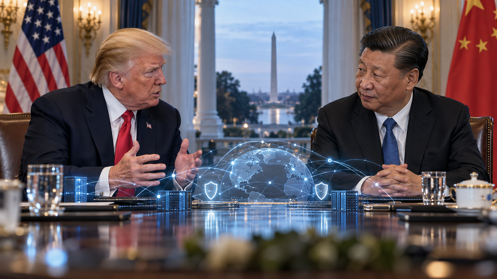 AI-generated illustration of Donald Trump and Xi Jinping in a diplomatic setting, with digital lines between them representing AI communication.