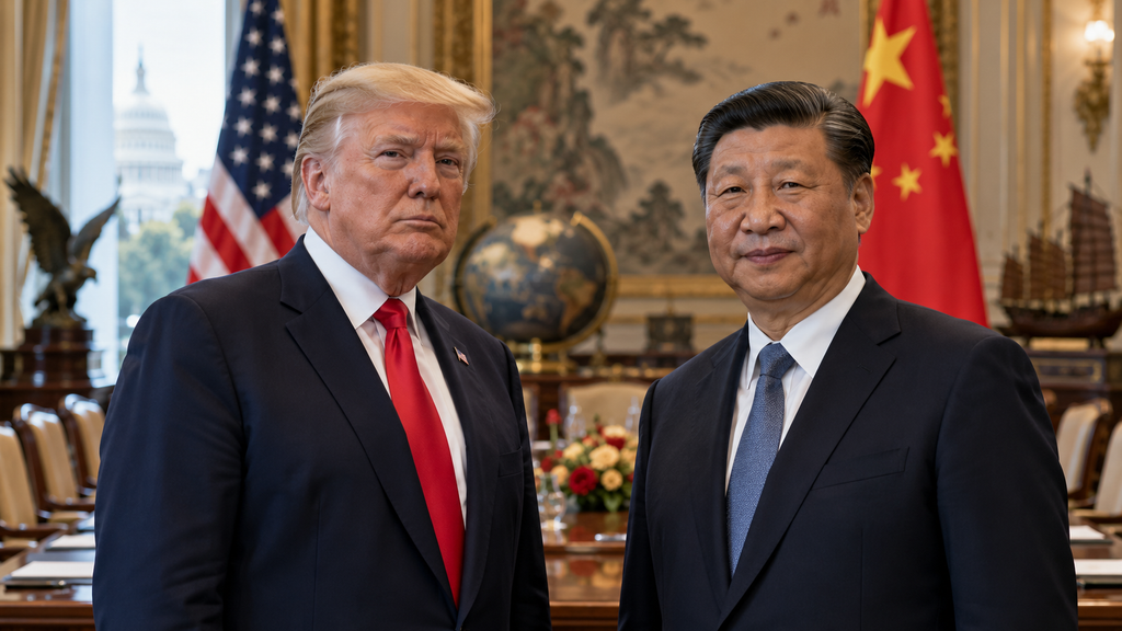 AI-generated image of Donald Trump and Xi Jinping standing together with U.S. and Chinese flags behind them.