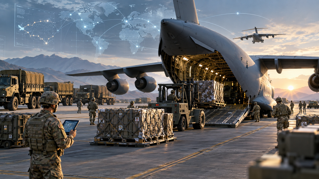 U.S. military cargo aircraft loading supplies as AI-powered logistics systems coordinate transportation routes.
