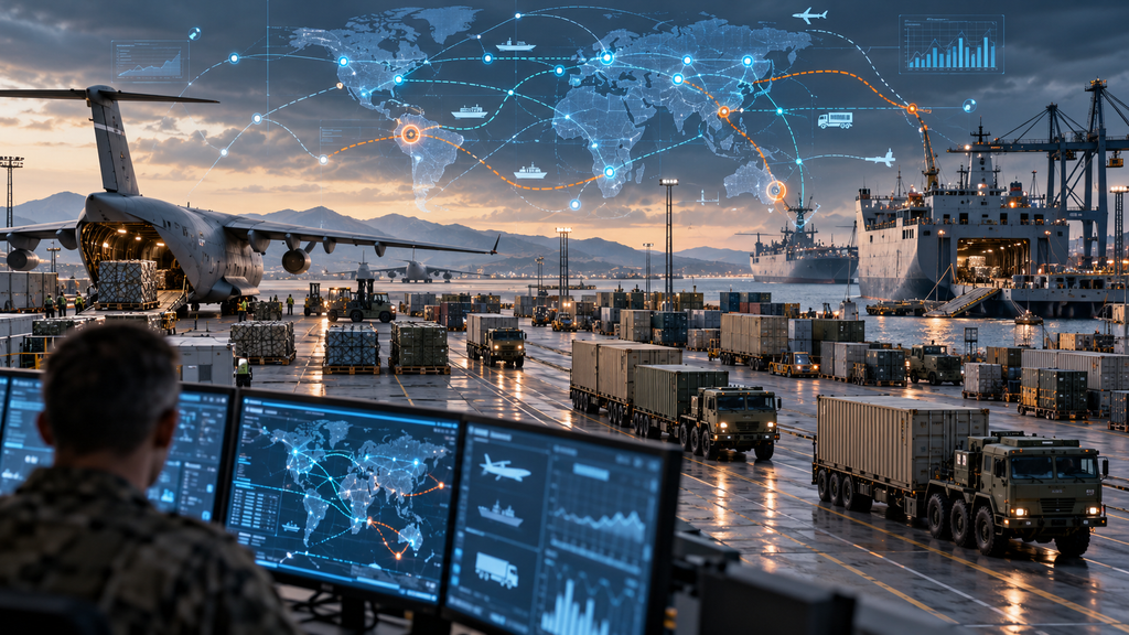 Military cargo aircraft, supply trucks, and ships at a logistics hub beneath a digital map showing interconnected transport routes.