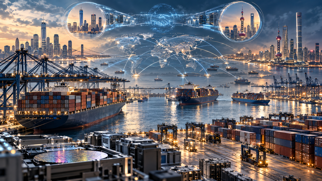 Container ships and port cranes beneath global trade network overlays linking American and Chinese city skylines.