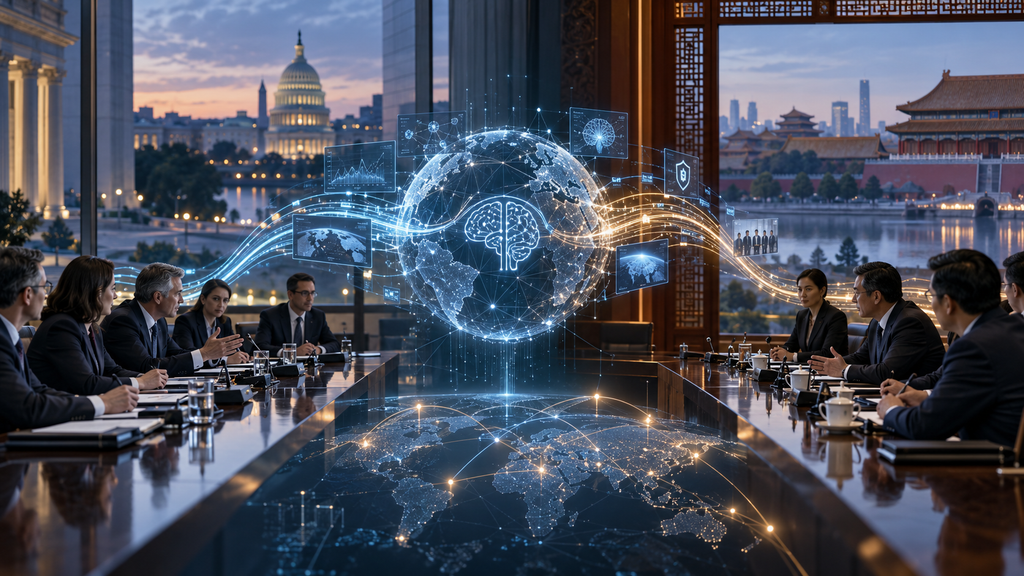 Two diplomatic delegations face a central glowing AI network, with Washington and Chinese architectural landmarks in the background.