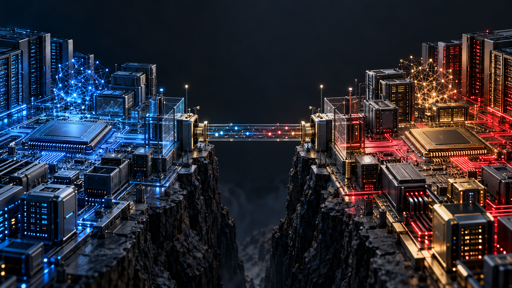 Two separate AI computing ecosystems with servers and semiconductor chips connected by a narrow, controlled digital communication bridge.