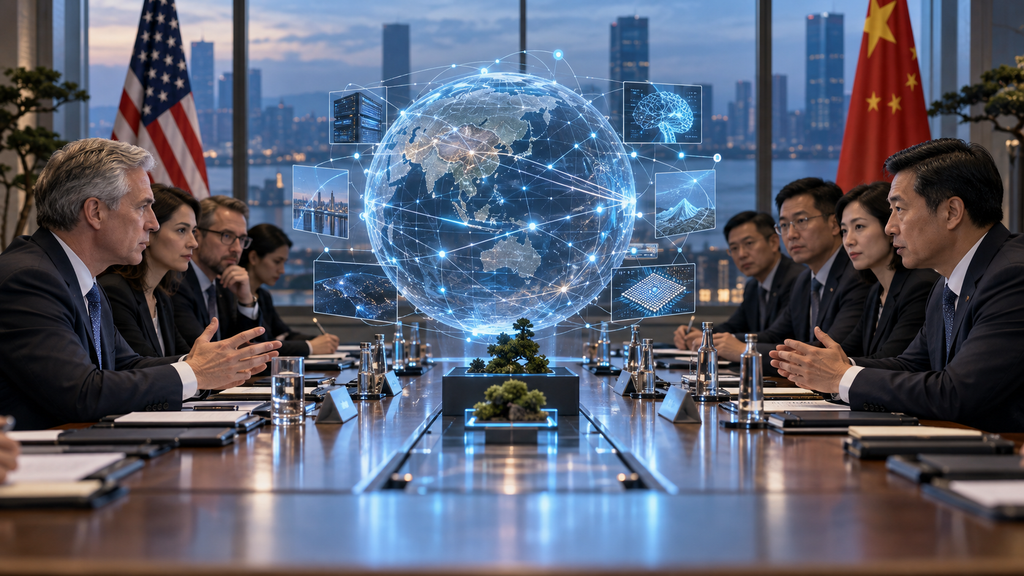AI-generated illustration of U.S. and Chinese representatives seated across a conference table with a digital network visualization between them.