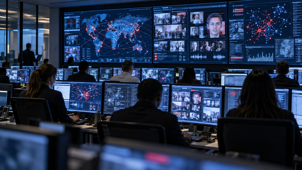 Analysts monitor global communication maps, media verification displays, and deepfake indicators in a cybersecurity operations center.