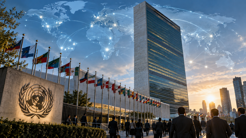 United Nations headquarters in New York with a digital world map representing global AI governance and international cooperation.