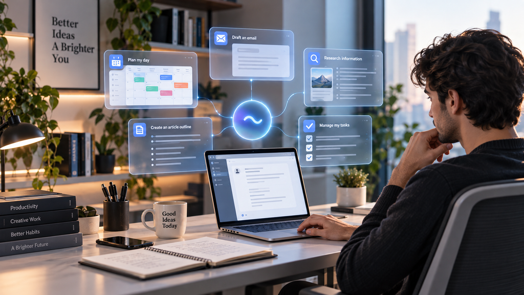 Professional using an AI personal assistant for email, research, scheduling, tasks, and daily planning