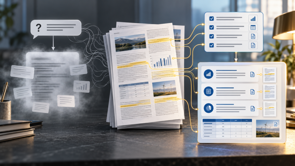 A vague PDF question produces a blurred response, while a detailed prompt produces structured findings linked to highlighted source passages.