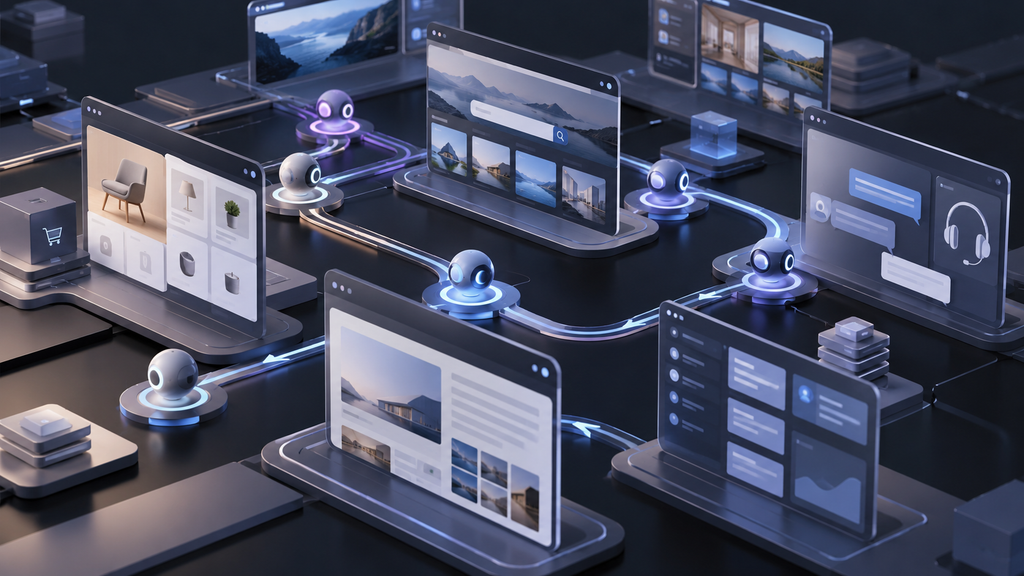 Rectangular processing nodes connect shopping, search, customer support, and business interfaces through directional pathways.