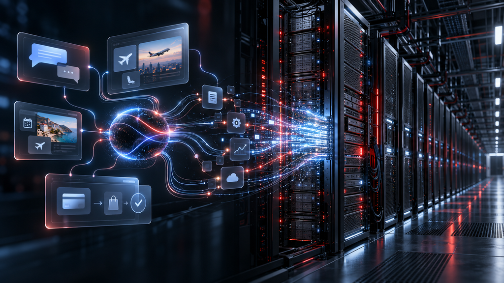 Digital messaging, travel and payment workflows connected by blue and red data streams to rows of server racks.