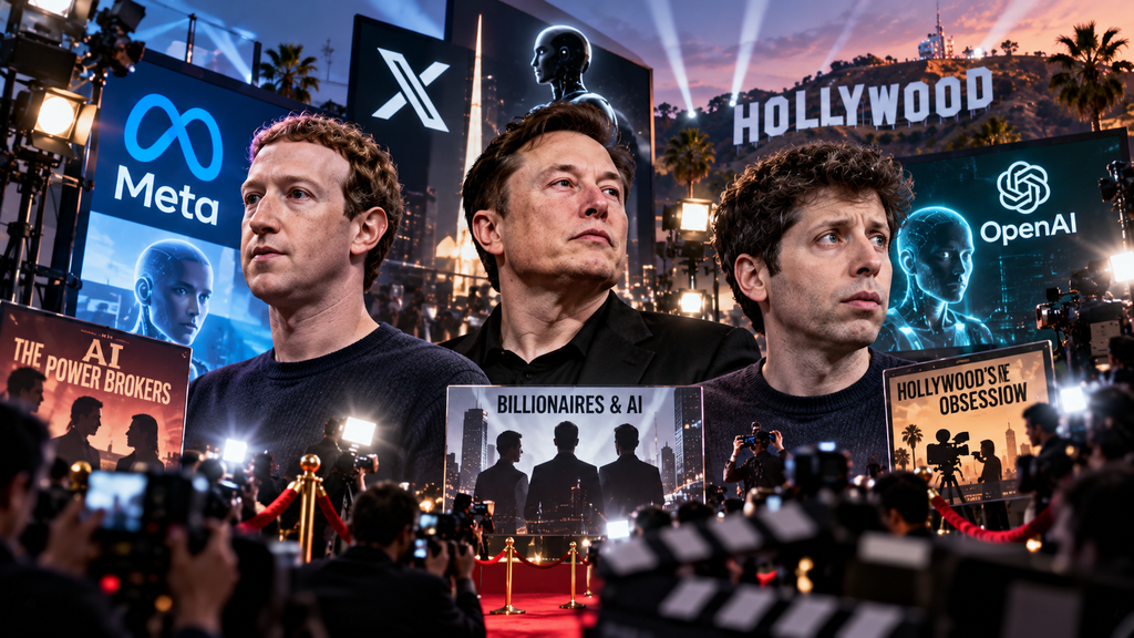 Mark Zuckerberg, Elon Musk, and Sam Altman portrayed against Hollywood imagery highlighting AI anxiety and media attention.