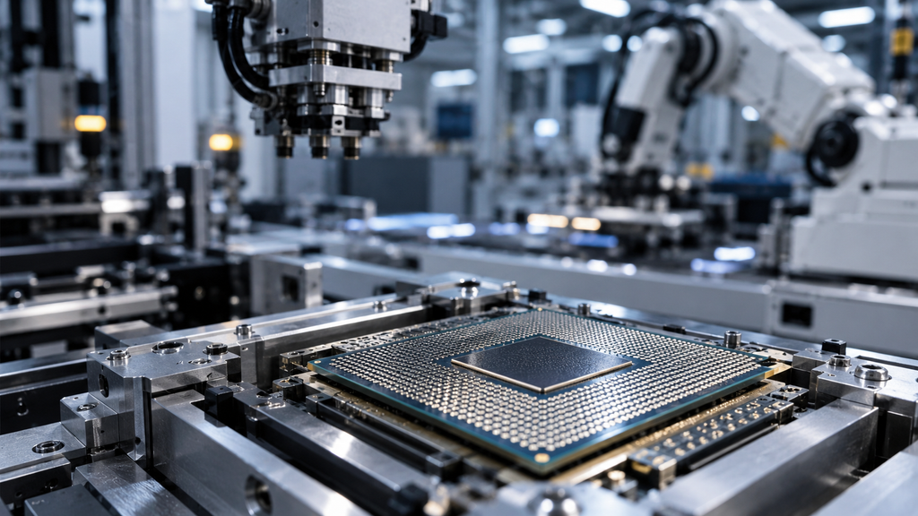 Semiconductor processor in the foreground with industrial robotics and precision manufacturing equipment behind it.