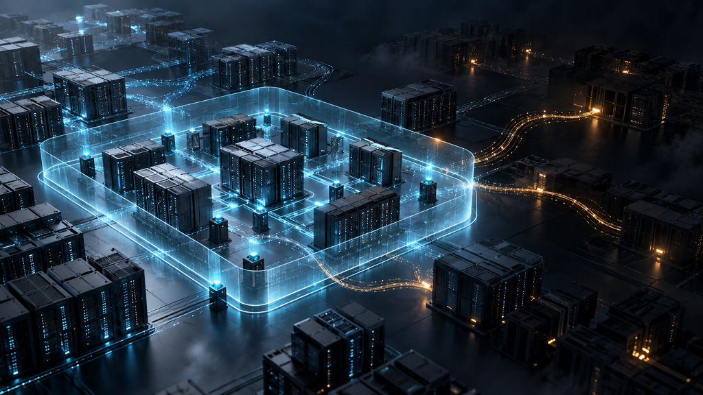 Interconnected server systems within a cyan monitoring boundary, with amber data pathways extending into darker infrastructure beyond it.