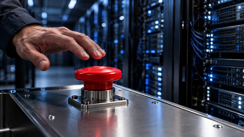 A hand poised above a red emergency stop button with server racks in the background.