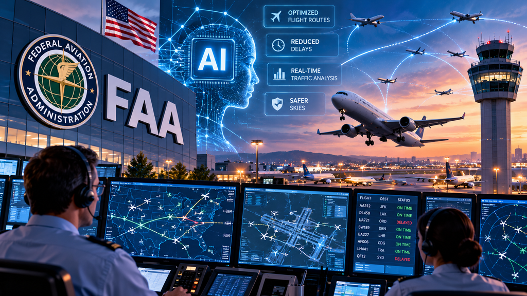 FAA air traffic controllers using artificial intelligence to optimize flight routes, monitor aircraft, and reduce airport delays.