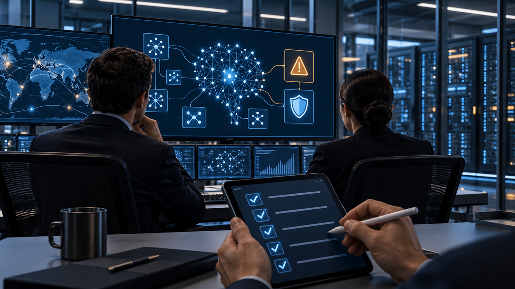 Analysts reviewing AI network diagrams and warning icons while an auditor completes a tablet checklist.