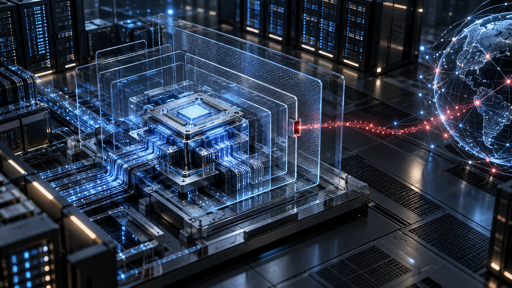 AI processor within transparent safety barriers, with a red pathway passing through one opening toward a digital network globe.