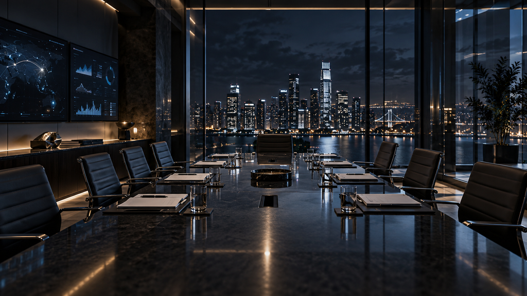 Empty executive boardroom at night with documents on a long table, digital data screens and city lights beyond glass walls.