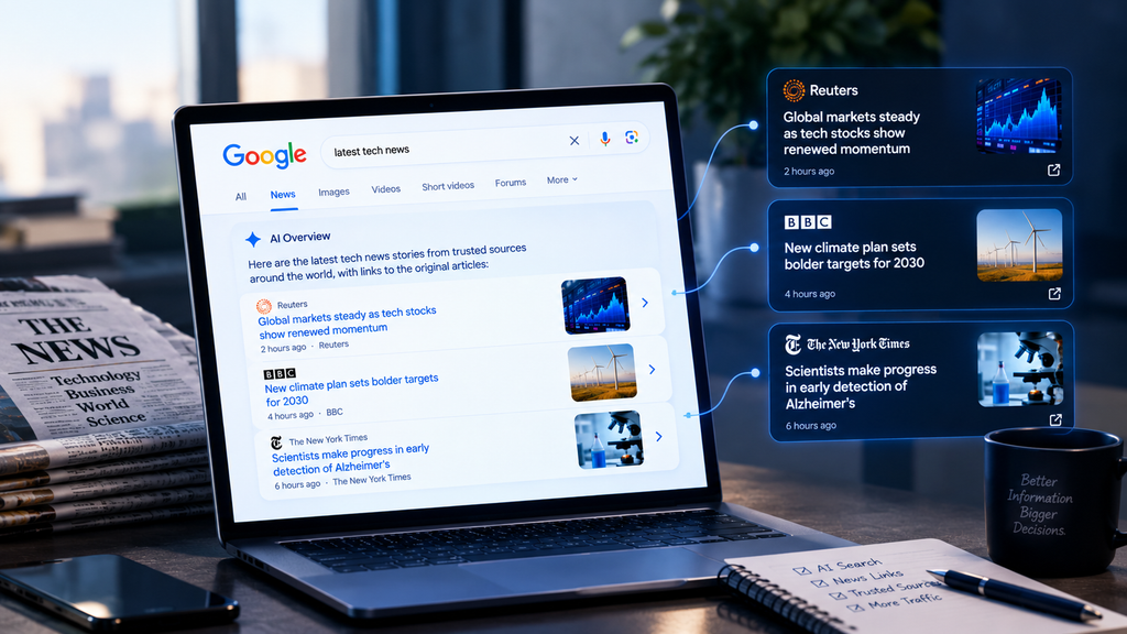 Google's AI search results displayed on a laptop with linked news publisher cards for Reuters, BBC, and The New York Times