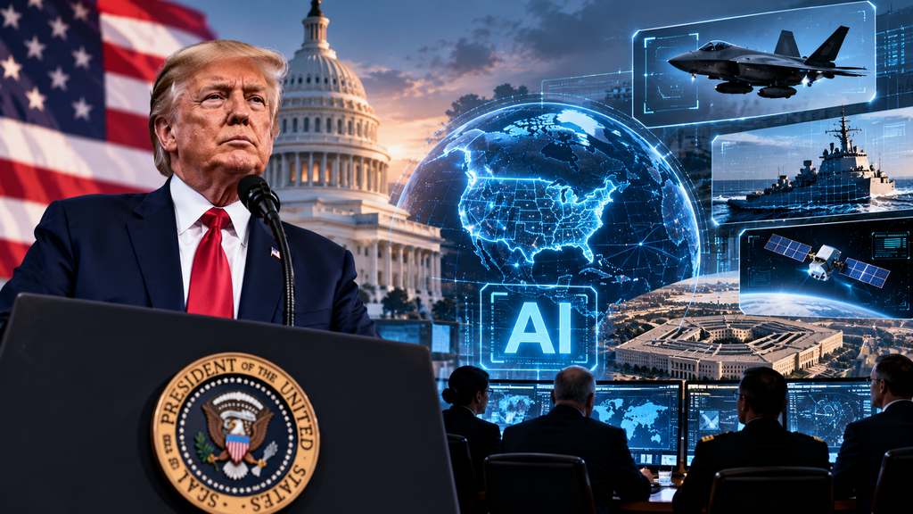 Donald Trump with AI technology, US defense systems, and national security imagery representing his new AI task force.
