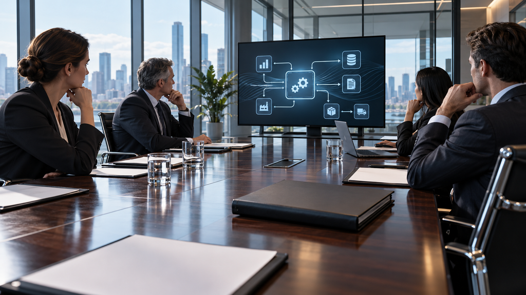 Business professionals review an automation diagram in a glass-walled boardroom, with a closed legal folder on the conference table.