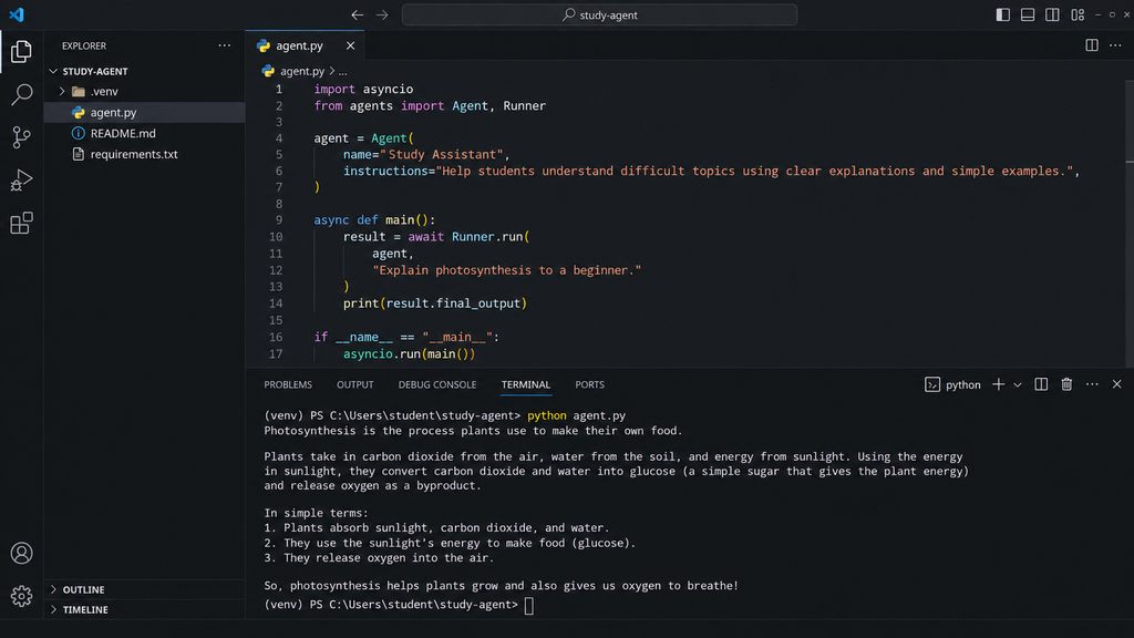 VS Code showing a study_tip Python function connected to a Study Assistant agent through its tools list.