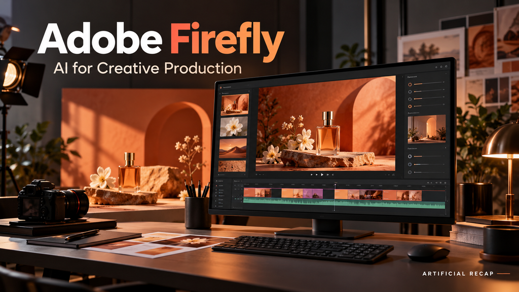 Adobe Firefly-themed workstation displaying a perfume product video and editing timeline in a warm orange studio.