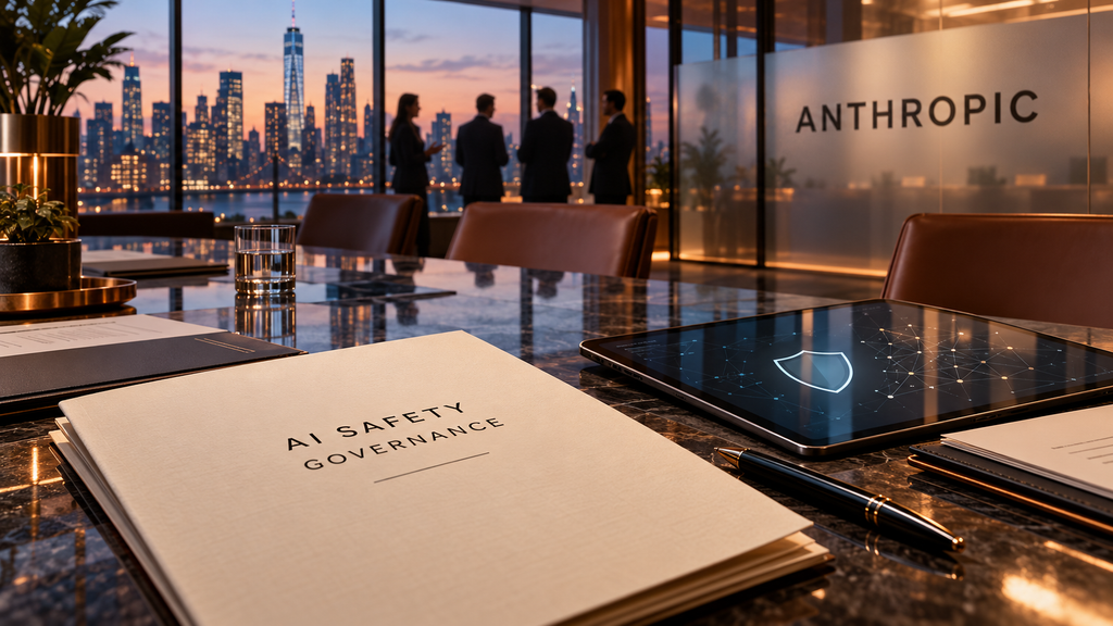 AI safety and governance documents beside a tablet displaying a shield in an Anthropic-themed boardroom.