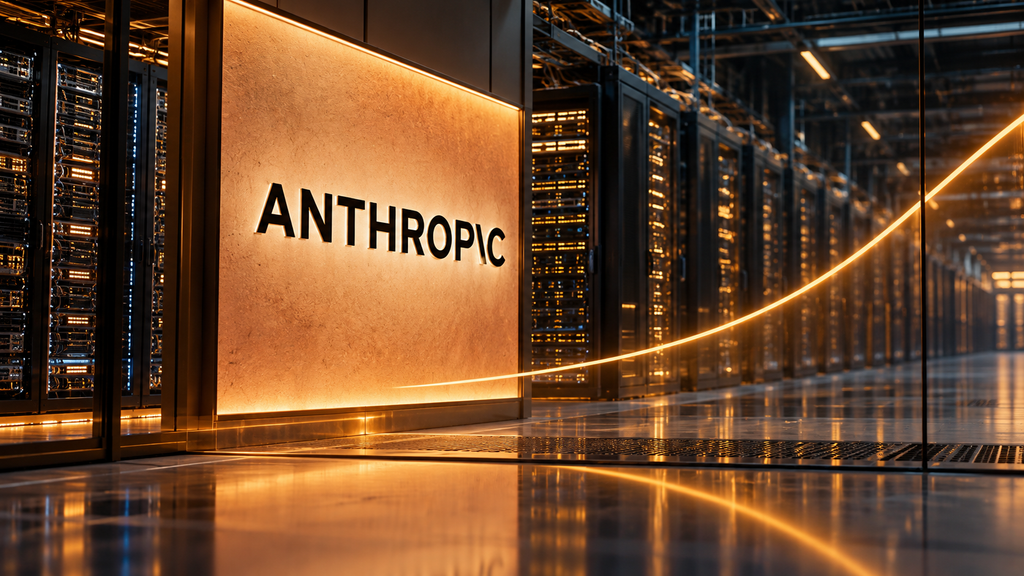 Anthropic sign beside server racks with an upward amber light curve symbolizing business growth.