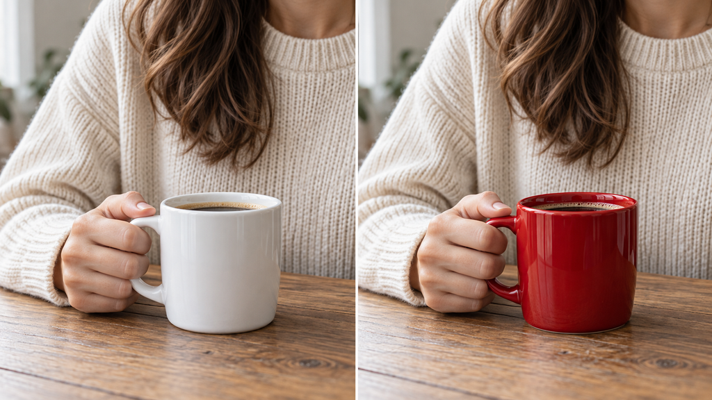 Side-by-side matching lifestyle photos showing a white ceramic coffee mug on the left and a deep red mug on the right.