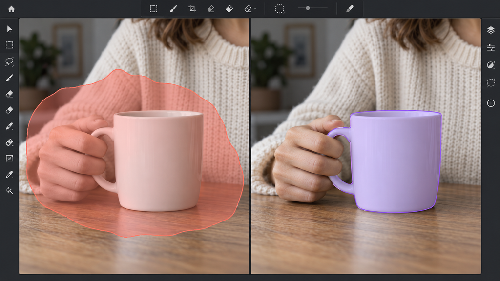 Side-by-side mug photos comparing a broad coral selection covering the hand and table with a precise purple mug-only selection.