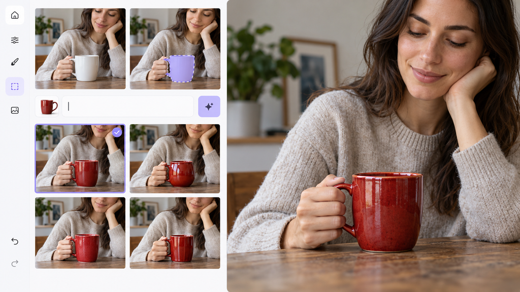 Photo editing interface showing an original white mug, a selection preview, four red mug variations, and a chosen result.