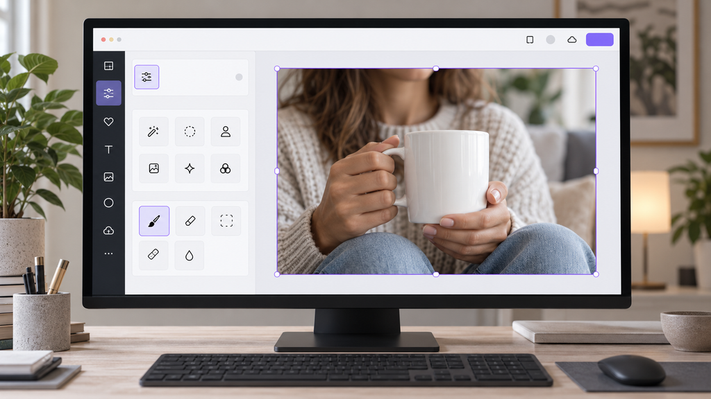 Desktop photo editor displaying a selected photograph of a person holding a white mug, with a brush editing tool highlighted.