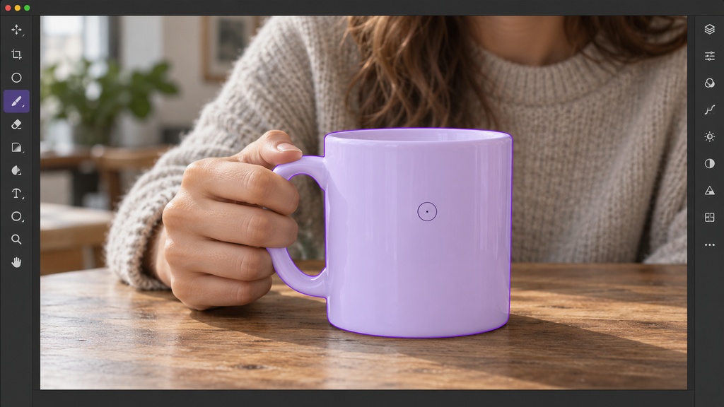 Purple selection overlay closely following a white coffee mug and its handle while excluding the person's hand and background.