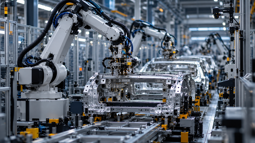 Industrial robotic arms assembling vehicle frames on an automated factory production line.