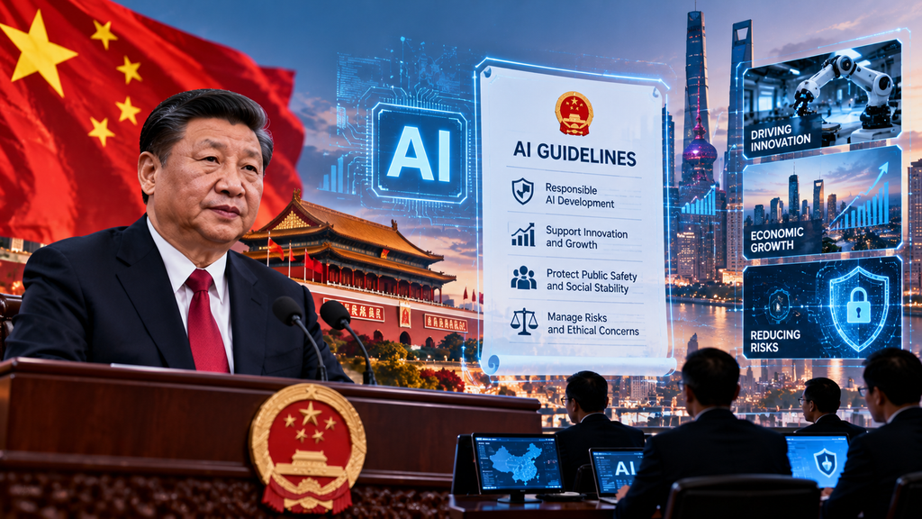 Xi Jinping alongside China's AI guidelines, digital technology, cybersecurity, and artificial intelligence development.