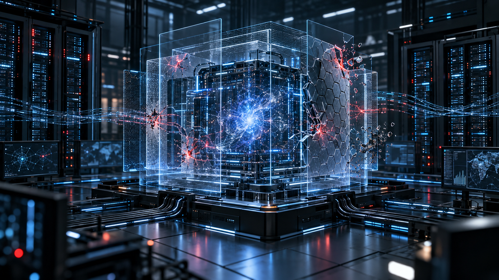 Glowing AI core surrounded by fragmented digital security barriers inside a dark server room.